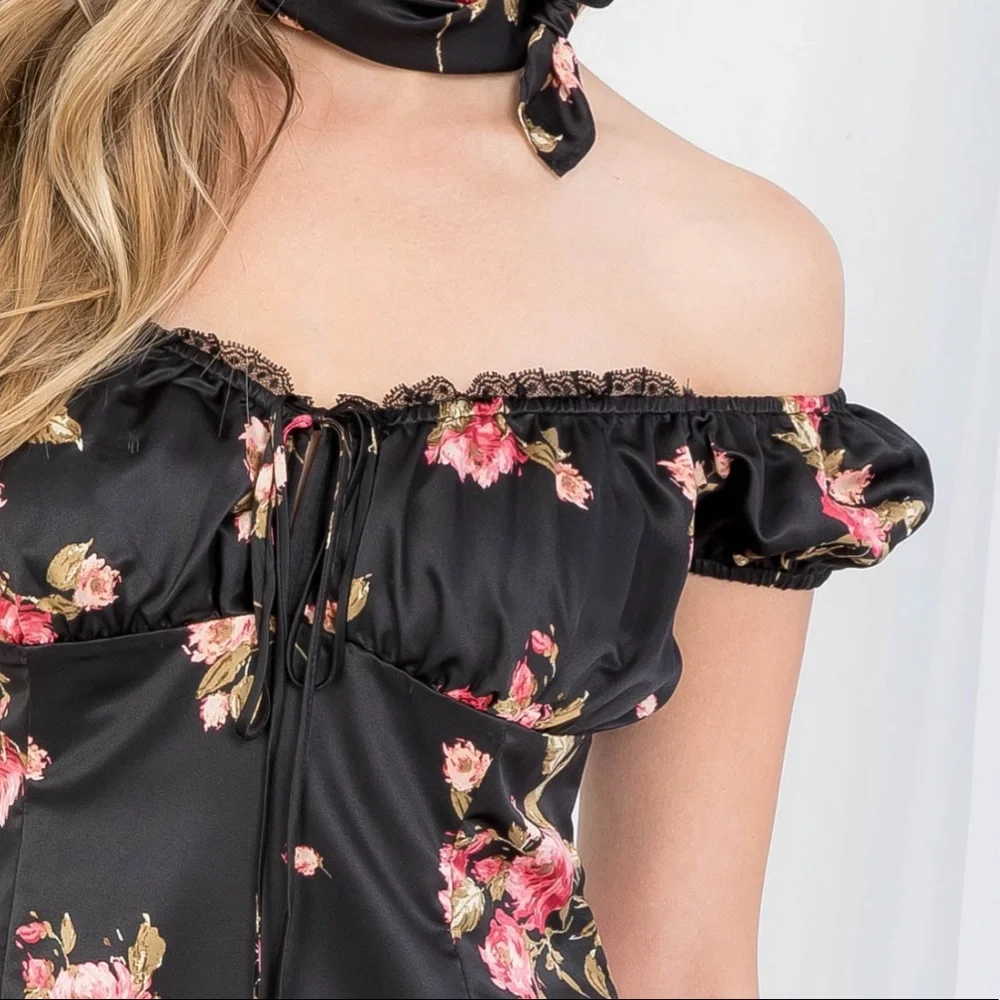 NWOT Black Floral Print Dress With Matching Bandana - Picture 6 of 6